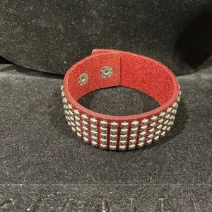 Genuine Leather Adjustable Cuff Bracelet; Brown/Red with silver studs